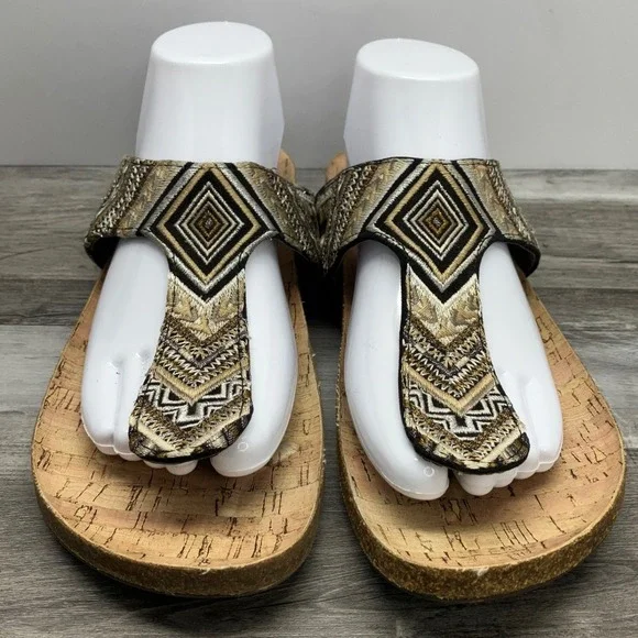 Sam & Libby Womens 9 Gold Black Geometric Embroidered Cork Thong Slide Sandals - Picture 3 of 7
